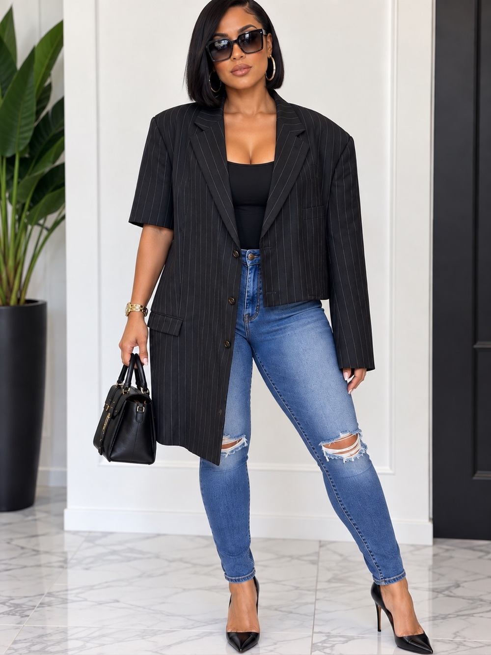 Upcycled asymmetric Pinstripe Cropped 1 long 1 short sleeve blazer size 2X/3X